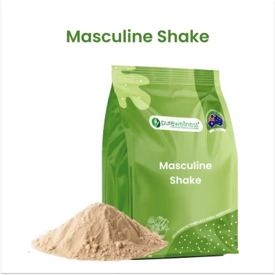 Masculine Shake – high-protein nutritional supplement designed to support muscle growth, strength, and recovery for active men.