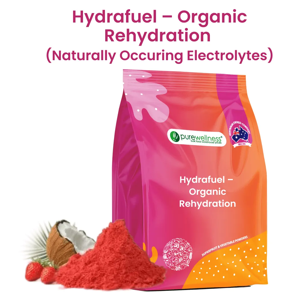 Hydrafuel – Organic Rehydration drink powder with naturally occurring electrolytes, designed to support hydration, energy, and recovery.