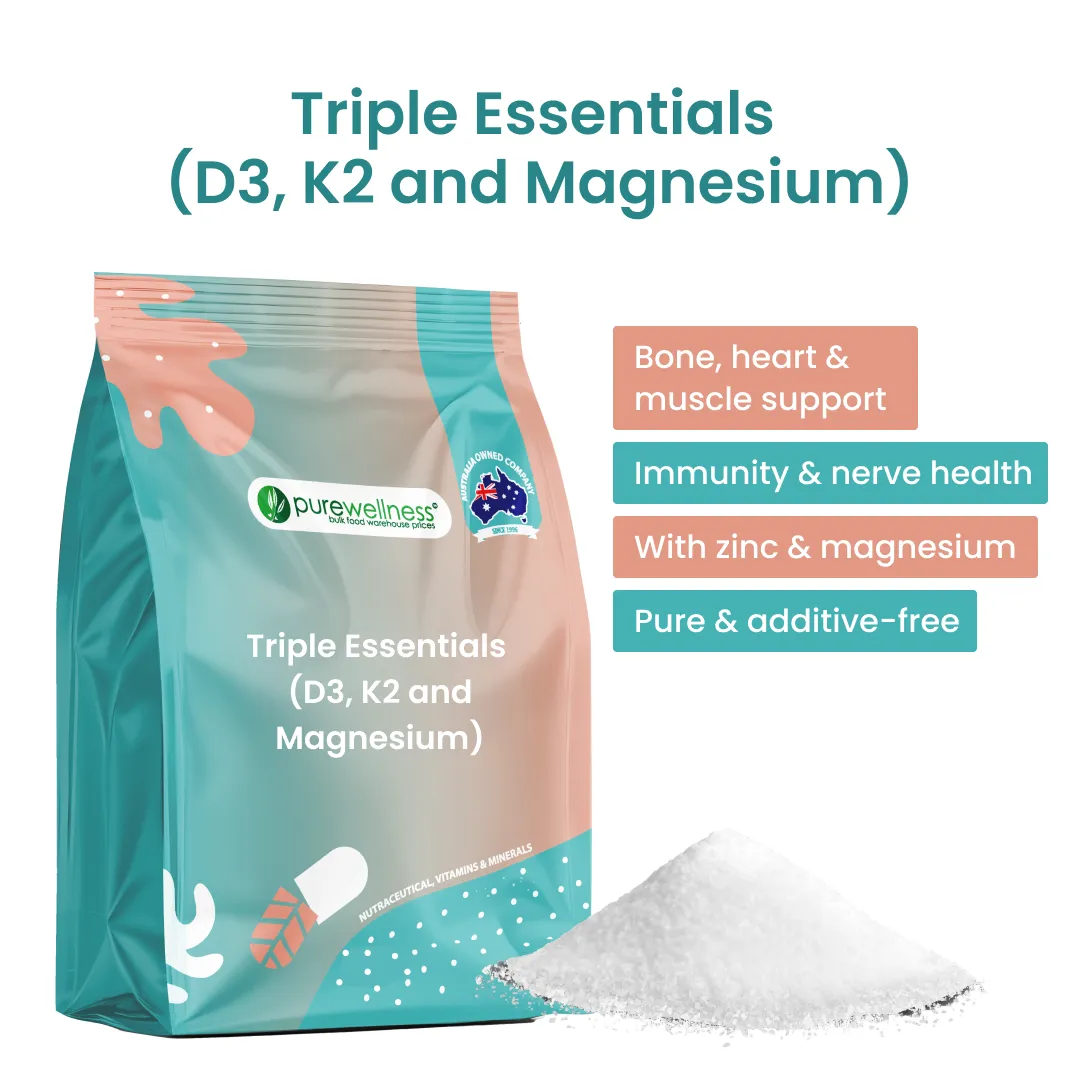 PureWellness Triple Essentials – Australian supplement with Vitamin D3, K2, and Magnesium for bone, heart, and muscle health.