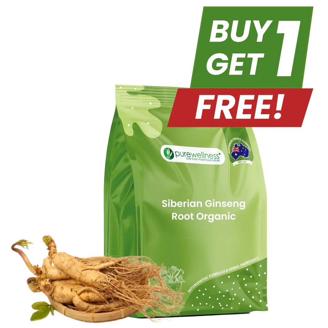 Siberian Ginseng Root Organic – premium adaptogenic herb powder known for boosting energy, reducing stress, and supporting overall vitality.